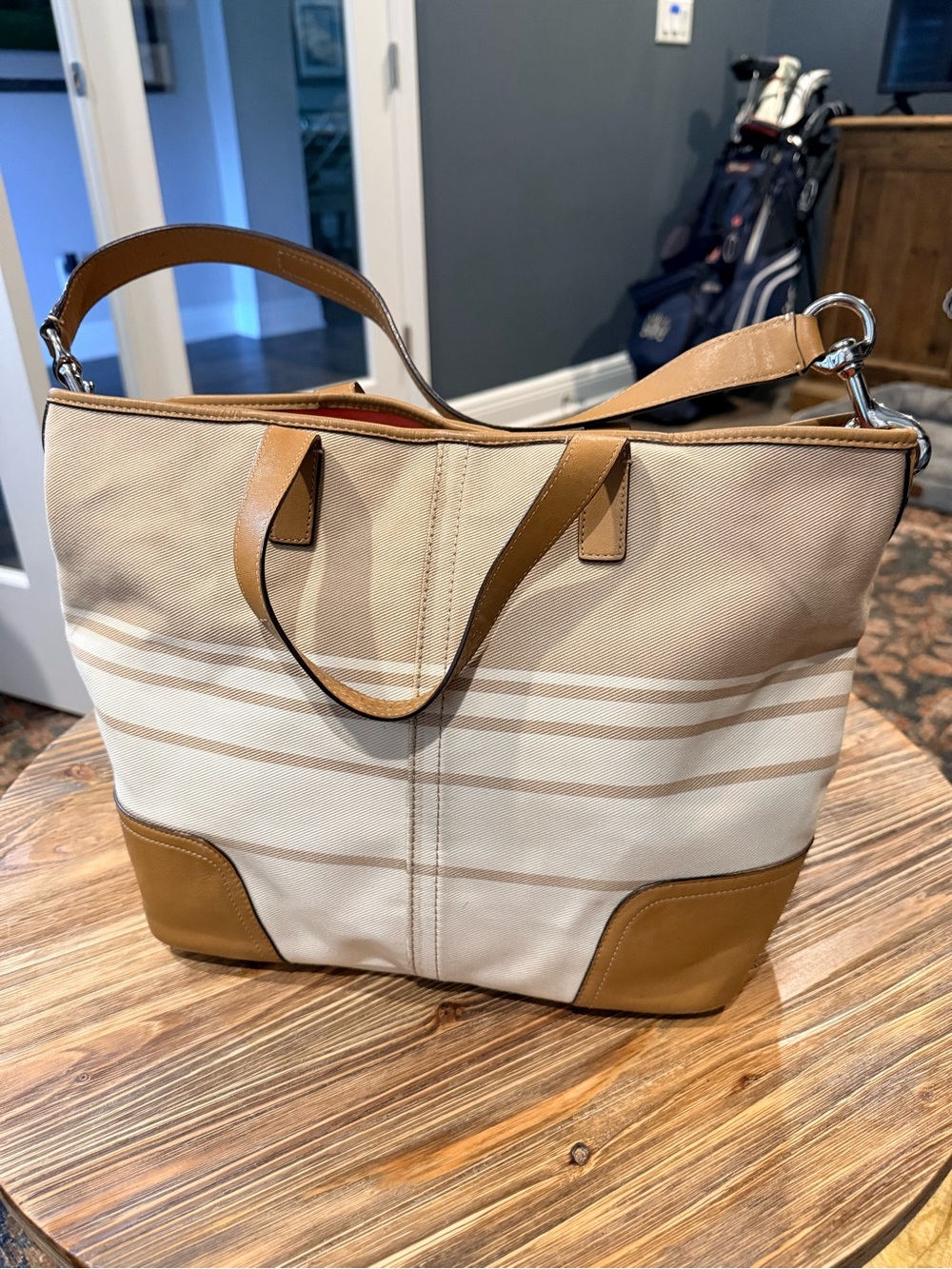 Coach Hadley F29921 Satchel/Tote Canvas Stripe Tote Bag with Tan Leather Trim